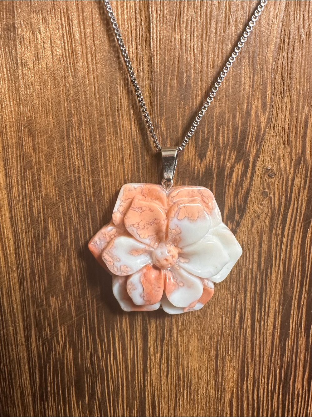 RESERVED FOR CG Petal/Pink Agate Daisy Carving Pendant Necklace